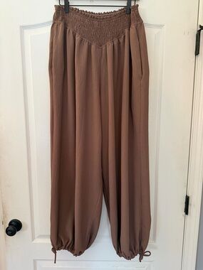 Three Bird Nest Brown Elastic Waist Harem Pants